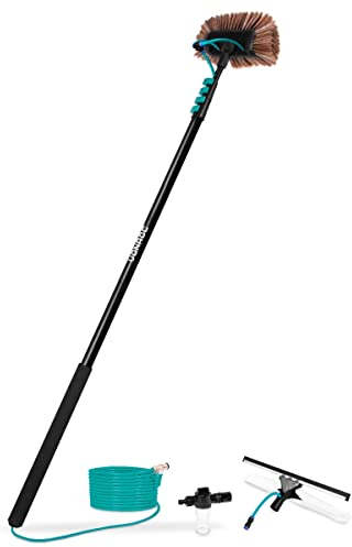 VONROC Brosse de Lavage Telescopique 6,50m - Nettoyage Panneaux Solaires, Murs, Vitres, Voiture - Nettoyeur de Vitres Professionnel 2-en-1 avec Perche Telescopique - Tuyau, Distributeur Savon Inclus