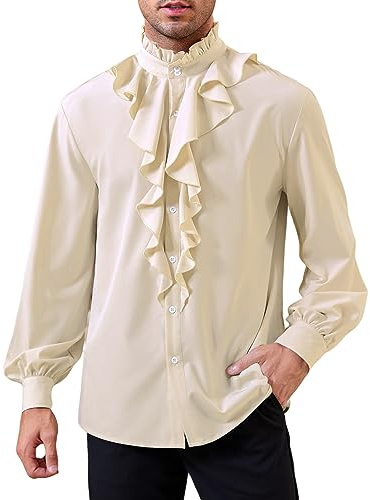 GAMISOTE Medeltida skjorta för män, långärmad piratskjorta med volanger, renässans, gotisk skjorta, viktoriansk steampunkkostym, Beige, 3XL