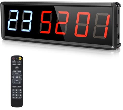 PELLOR Temporizador de Gimnasio Sports Timeter, 1.8 Temporizador Intervalos Fitness LED Programable con Cronómetro,Brillo Ajustable, Reloj de Entrenamiento con Control Remoto para Casa Garaje Externo