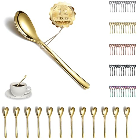 Kyraton Gold Teelöffel 12 Stück, 14cm Edelstahl Kaffeelöffel, Dessertlöffel, Espressolöffel, Kleine Löffel, Löffel Besteck Set, Spülmaschinenfest