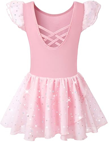 Mulnall Girls Ballet Leotards for Dance Ruffle Sleeve Hollow Crisscross Back, Shiny Skirt(50431-08P-M)