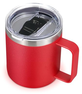 Volhoply 14oz Insulated Stainless Steel Coffee Mug with Leakproof Lid,Double Wall Vacuum Travel Coffee Cup with Handle,Reusable Metal Tumbler,Camping Mugs Keep Hot&Cold,Christmas Gifts(Red,1)