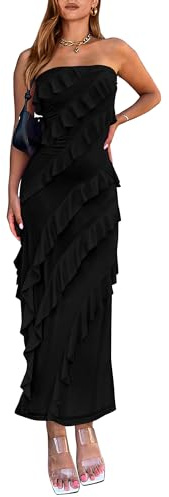 BTFBM Women Summer Elegant Strapless Midi Ruched Bodycon Dress Solid Color Stretch Mesh Slim Party Cocktail Dresses