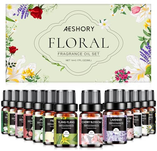 AESHORY Set Huiles Essentielles Florales TOP14, Huiles Essentielles Florales Aromathérapie Naturelle pour Diffuseurs, Bain, DIY Bougie - Lavande, Fleur de Cerisier, Thé Blanc, Rose, Jasmin