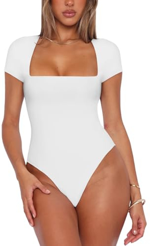 REORIA Womens Fashion Sexy Square Neck Double Lined Fitted Shirts Stretchy Short Sleeve Slimming Going Out Thong Bodysuit Tops White Small