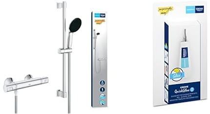 Grohe Precision Start - Thermostat Brauseset wassersparend ~8l/min + Kleber (1 Strahlart, Sicherheitssperre bei 38°C, 60cm Brausestange, inkl. Montagewerkzeug), rund, chrom