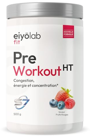 PRE WORKOUT HT | Booster Musculation sans Créatine | 3g de Bêta-Alanine + 3g d'Arginine + 4g de Citrulline + 200mg de Caféine + S7 | Énergie + Congestion Musculaire | 500g | Fruits Rouges | Eiyolab
