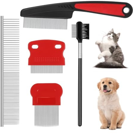 Duoleimi 5 Stück Tränen Fleck Entferner Kamm – Doppelseitiger Hunde Augen Kamm Bürste, Flohkamm für Katzen, Hundebürste Pudel, Läusekamm, Zeckenkamm für Hunde, Mehrzweck Werkzeug für Pflegekamm.