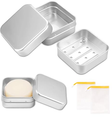 Lot de 2 boîtes à savon en aluminium avec égouttoir - Boîte à savon de voyage étanche - Petite boîte à savon avec sac à savon - Rangement de shampooing solide pour la maison ou les voyages