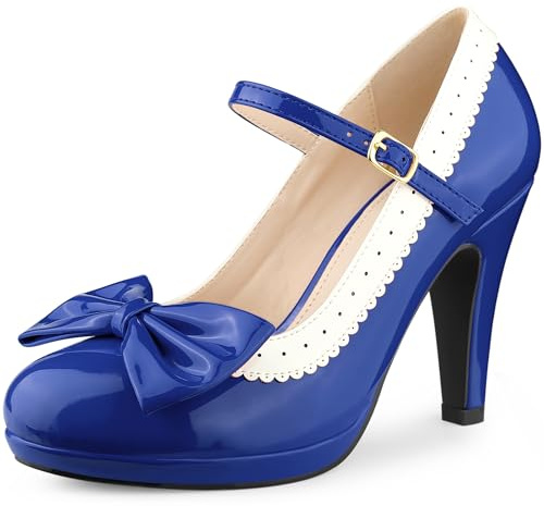 Perphy Bow Platform Stiletto Heel Royal Blue Mary Jane Heels Shoes for Women Retro 1950s Shoes 7 M US