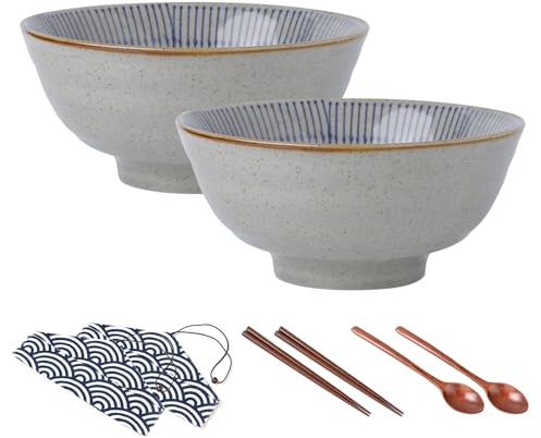 Juego de 2 cuencos de cerámica para ramen, cuencos de fideos japoneses con palillos y cucharas para sopa, ramen, pasta, ensalada de frutas, arroz, comida, 1100 ml, aptos para microondas, 20 cm,