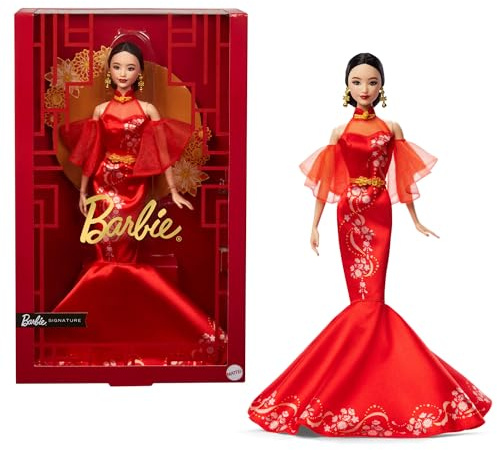 Mattel Lunar New Year Barbie-Puppe im Qipao-Kleid mit Pflaumenblüten-Aufdruck und goldenen Accessoires, Barbie Signature Kollektion, JBJ11