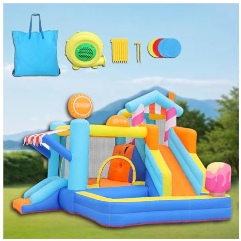 HBDSMLPL Aire De Jeux Gonflable avec Souffleur, Piscine, Toboggan, Mur d'escalade, Sac de Transport, Aire De Jeux Gonflable Piscine Convient Enfants 3-10 Ans, 340x320x240 cm