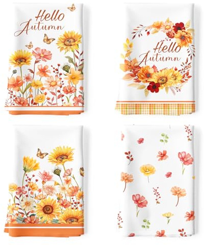 Arquiel 4 Pcs Autumn Flowers Kitchen Towel 100% Cotton Fall Absorbent Dish Towel 70 x 48 cm Housewarming Decorative Hand Towels for Dining Home Thanksgiving Decor