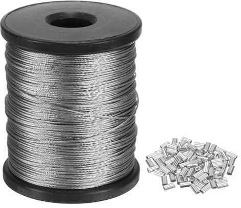 QUARKZMAN Metallkabel i rostfritt stål 316 400,2 fot (122 m), kärnkabel StaNDard 7 x 7 5/128 tum (1 mm) för båtutrustning, crimphylsor aluminium 100 st