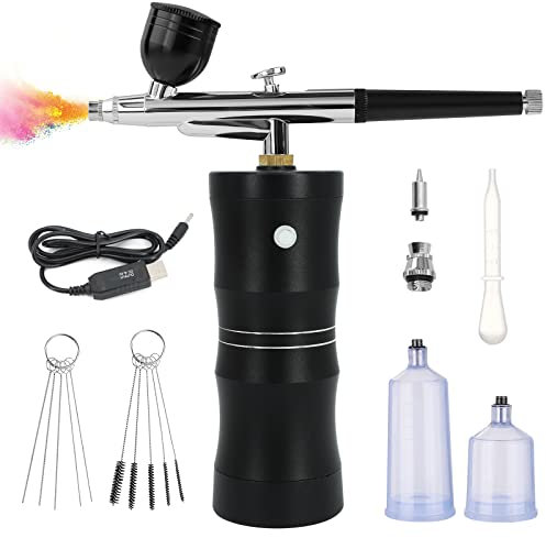 Ykall Airbrush-Kit mit Luftkompressor, Verbessertes 7,4V 34PSI Airbrush-Set, Wiederaufladbare, Tragbare und Kabellose Airbrush mit 0,4mm Düse für Malerei, Nageldesign, Kuchendekoration (Schwarz)