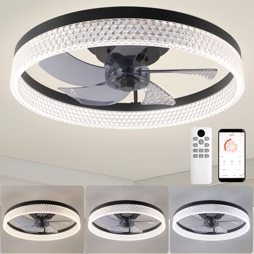 ZYDTRIP Ceiling Fans with Lights and Remote, 19.7 Inch Ceiling Fan, 6 Speeds, Reversible, Dimmable Flush Mount Fan Light, Modern and Bladeless Ceiling Fan Light for Bedroom Living Room Dining Room