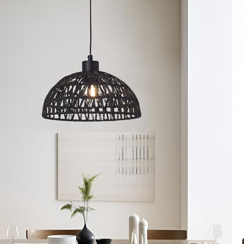 lux.pro Hängelampe Alton Hängeleuchte 1 x E27 Lampenschrim aus Rattan Metall Pendelleuchte 156 cm höhenverstellbar Pendellampe Schwarz