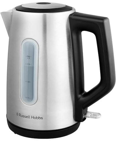 Russell Hobbs Hervidor de Agua Eléctrico, para agua caliente, té o café, 1,7 l de capacidad, acero inoxidable, tapa de apertura por presión, filtro extraíble y lavable, 2400 W, Heaton 27380-70