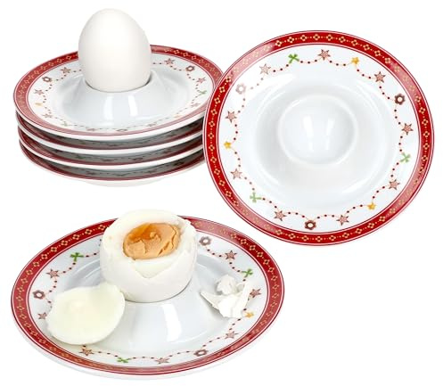 MamboCat 6er Set Weihnachtstraum Eierbecher mit Ablage I Ø 13,3cm I runde Porzellan-Eierbecher mit Weihnachtsdekor für das Frühstücksei I 6 Personen