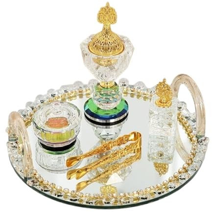 Weihrauchbrenner 5-teiliges Räuchergefäß-Set aus Kristallglas, attraktives goldenes Räuchergefäß-Set mit Metallzange und Spiegeltablett, luxuriöses Räuchergefäß for Yoga-Spa-Meditation Räucherstäbchen
