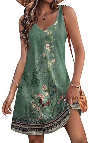 HOTOUCH Summer Dresses for Women UK Sleeveless Causal Ladies Sundress with Pockets V Neck Mini Beachdress Spaghetti Strap Green-Print L