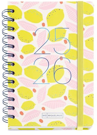 Miquelrius Schülerkalender 2025/2026, Planer von September bis August, Größe 123 x 178 mm, Wochenansicht, Doppelspirale, Aufkleber, gefütterter Kartondeckel, Gummiband, Spanisch-Englisch