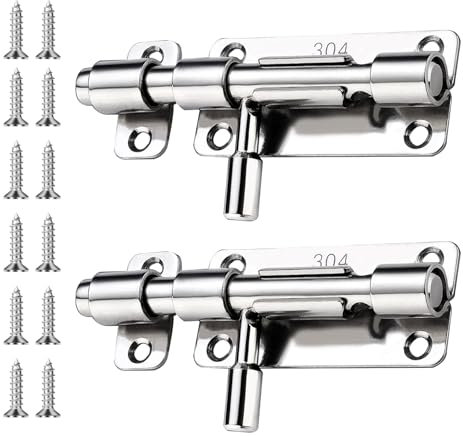 SMLOPLOM Gate Bolt, 2 Pack Stainless Steel Door Lock, Slide Bolts with Screws Attached, Both Indoor and Outdoor Doors can be Used, Silvery