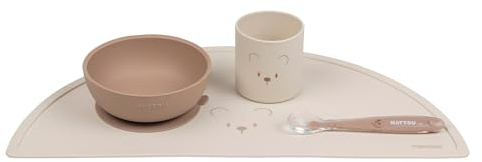 Nattou Stoviglie in Silicone per Bambini, 4 Pezzi, 1 Cucchiaio, 1 Ciotola con Coperchio, 1 Bicchiere, 1 Tovaglietta, Senza BPA, Silicone, Naturale