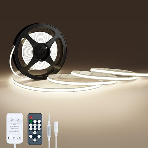 NELUX Striscia LED COB 2 Metri Bianco Naturale, Luci LED Strisce Sottopensile Cucina, Camera e TV Light Strip. Luce Interne Adesive Dimmerabili, 480LED/m, 4000K. Include Telecomando, Trasformatore 24V