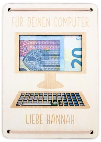 DEL MÀ Unique & Personal Geldgeschenk Computer zum Geburtstag personalisierte Geld Verpackung PC Notebook Wunscherfüller Geldkarte Geschenkkarte aus Holz 12x17 cm