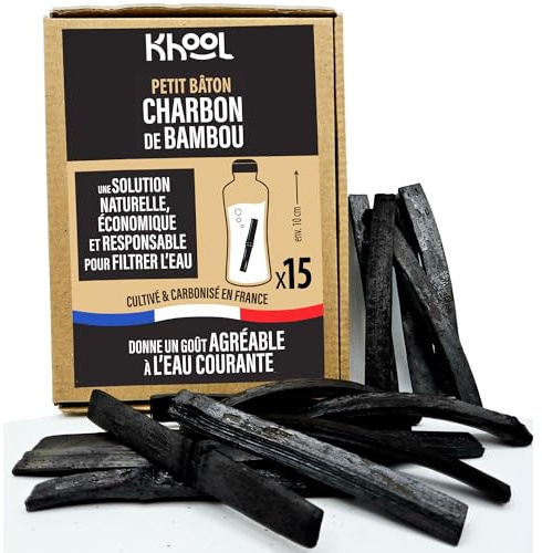 KHOOL | Set di 15 bastoncini di carbone di bambù purificatore d'acqua | Origine Francia | 1 bastone = 50 cl | Per purificare e dare un sapore migliore all'acqua in una BOTTIGLIA, CARAFE o GOURDE