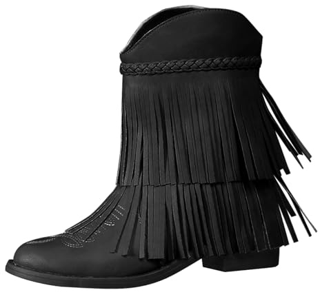 ladies ankle wellies Cowboy Boots for Women New Women's Round Toe Chunky Heel Embroidered Short Boots Double Europe Tassel Weave Western Cowboy Wide Fit irregular choice shoes Black 5