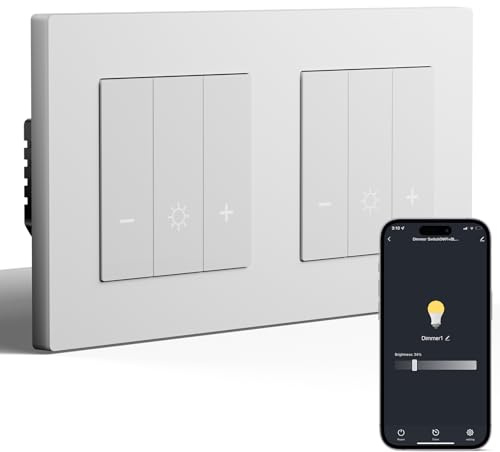 BSEED Doppel WiFi Dimmer Schalter,1 Fach 1 Weg Smart Dimmschalter,PC Rahmen,Kompatibel mit Amazon Alexa & Google Home,Lichtschalter Dimmbar für led lampen 240V Weiß(Neutralleiter Erforderlich)