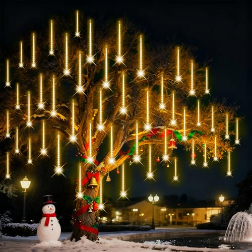 Weihnachtsbeleuchtung Außen,24 Röhren 40 CM 864 LEDs eiszapfen lichterkette außen,Wasserdichte Fallende Regen Lichter mit Haken für Weihnachtsdekoration Festival,Weihnachtsdeko Aussen Warmes Weiß