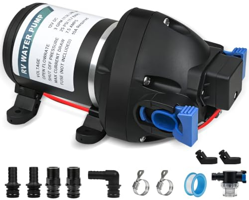 12V DC Self-Priming Diaphragm Water Pump, 3 GPM 25 PSI with Strainer | Automatic pressure switch control, ideal ventilation alternative for RV, marine, campervan and garden irrigation
