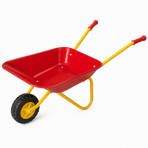 Kids Metal Wheelbarrow – Sturdy Garden Outdoor Play Tool with Wheel & Handles – Toy Construction Cart for Children’s Gardening & Role Play (Red/Yellow)
