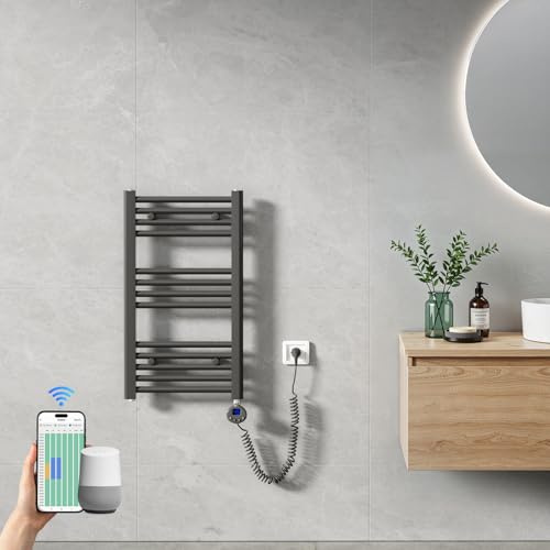 Heilmetz Handtuchheizkörper Elektrisch 700 x 400 mm, Smart WiFi Thermostat Elektrischer Badheizkörper, steuerbar per Tuya App und Sprachassistenten (Alexa/Google Home), Handtuchwärmer Anthrazit 300W