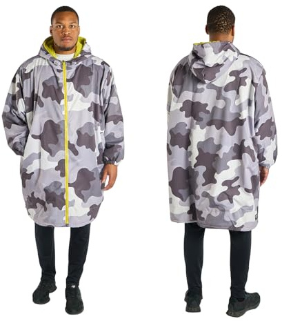 OHS Rain Coats for Women Men, Camouflage Waterproof Changing Robe Lightweight Fleece Lining Oversized Dry Robe with Hood & Pockets Breathable Womens Coats for Outdoor, Grey/Green - S/M