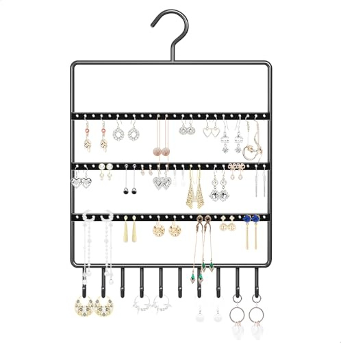 xtemtoamz Presentoir Boucle D'oreille, Porte Bijoux Mural, Porte Boucle D'oreille en Métal, Organisateur Bijoux Rangement pour Boucles D'oreilles avec 69 Trous et 10 Crochets,Noir