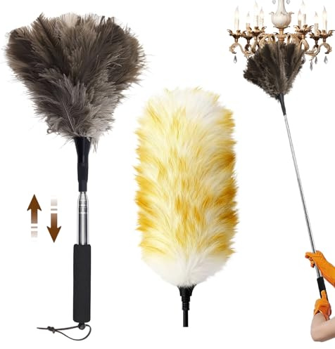 Extendable Ostrich Feather Duster with Bonus Wool Feather Duster Head - Natural Fluffy Non-Slip Handle Feathers Dusters for Cleaning Ceiling Fans, Blinds, Roof Dusting, High Surfaces (18-48 in)