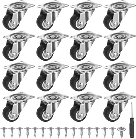 16 Pack Mini Furniture Castor Wheels,25mm Small Heavy Duty Swivel Castors, 360° Rotating Rubber Wheels, Quiet Furniture Rollers for Cabinet, Table, Sofa, Storage Box