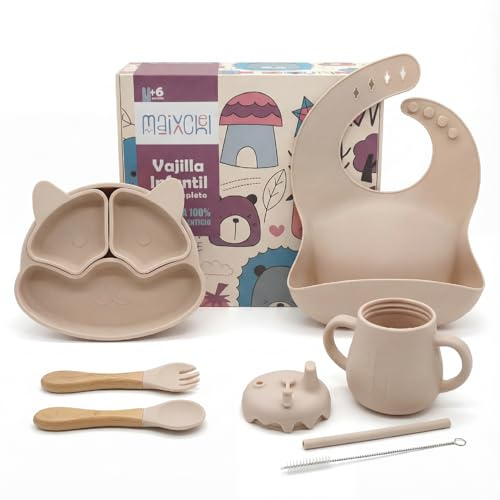 Vajilla Bebé de Silicona libre de BPA | Plato con Ventosa y Divisiones tipo Harvard + Babero impermeable + 2 Cubiertos + Vaso de Aprendizaje 3 en 1 | Set de Vajilla Infantil para BLW +6 Meses MAIXCHEL