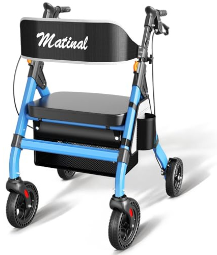 Matinal Andador de exterior con asiento para personas mayores, andador plegable con neumáticos de goma maciza para cualquier terreno, ruedas grandes de 8 pulgadas, andadores de aluminio ajustables en