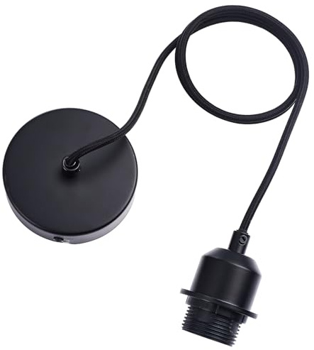 COZZY Black Ceiling Pendant Light Fitting, Black E27 Screw Lamp Holder with Ring for Lock Shade, 1000MM Braided Flex, Suspended Pendant Ceiling Rose,82601BLK