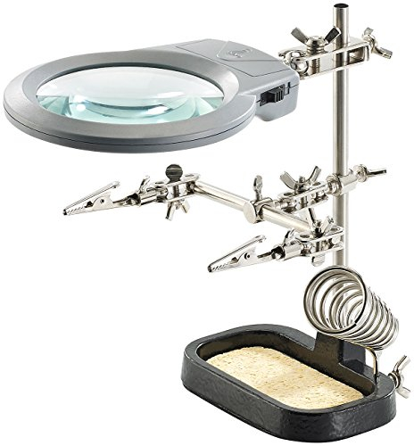 AGT Löthilfe: Dritte Hand mit Halte-Klemmen, LED-Lupe und Lötkolbenhalter (Dritte Hand Löten, Löthilfe, Vergrösserungsglas)