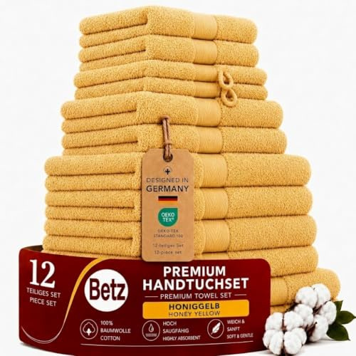 Betz Premium Handtuch-Set 12-teilig – 100% Baumwolle – Oeko-TEX® Zertifiziert – extra saugfähig & weich – hohe Grammatur – Duschtücher, Handtücher, Gästetücher & Waschhandschuhe - Farbe honiggelb