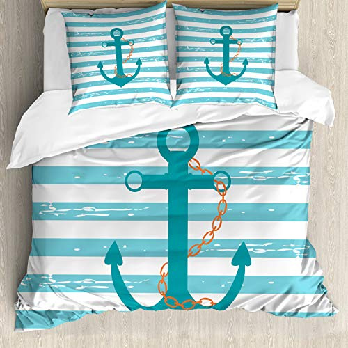 ABAKUHAUS Teal Bettwäsche Set für Doppelbetten, Schiffsanker Marine Life, Weicher Microfaserstoff Allegigeignet kein Verblassen,Teal Turquoise Weiß