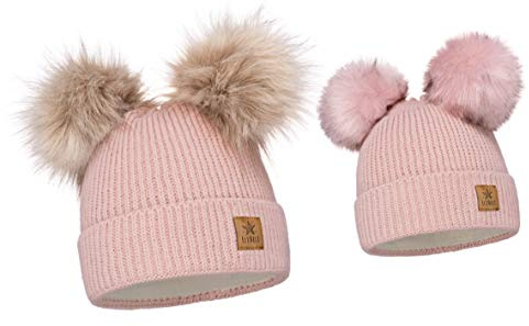 ELIMELI Eltern-Kind Mütze Mädchen Warme Wintermütze für Mutter und Tochter Mütze Damen Winter mit Zwei Bommeln Slouch Strick Beanie Damen Bommelmütze Kinder Mama und Baby Cap Set 3