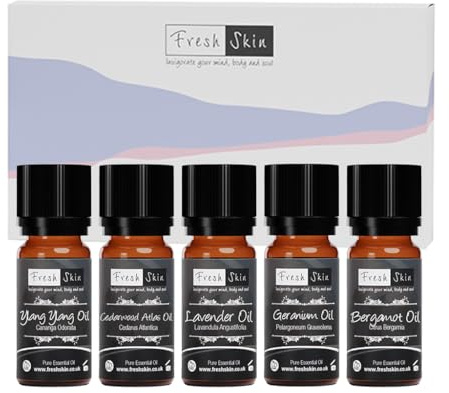 Freshskin Beauty LTD | Starter Kit Essential Oil Gift Set - Relaxing 5 x 10ml - Diffuser for Home, Aromatherapy, Strong Fragrance | Bergamot, Geranium, Lavender, Cedarwood Atlas & Ylang Ylang
